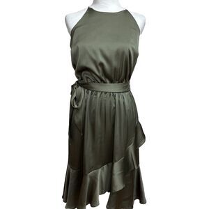 JLo Satin Halter Dress Womens S Olive Green Wrap Skirt Romantic Chic Wedding